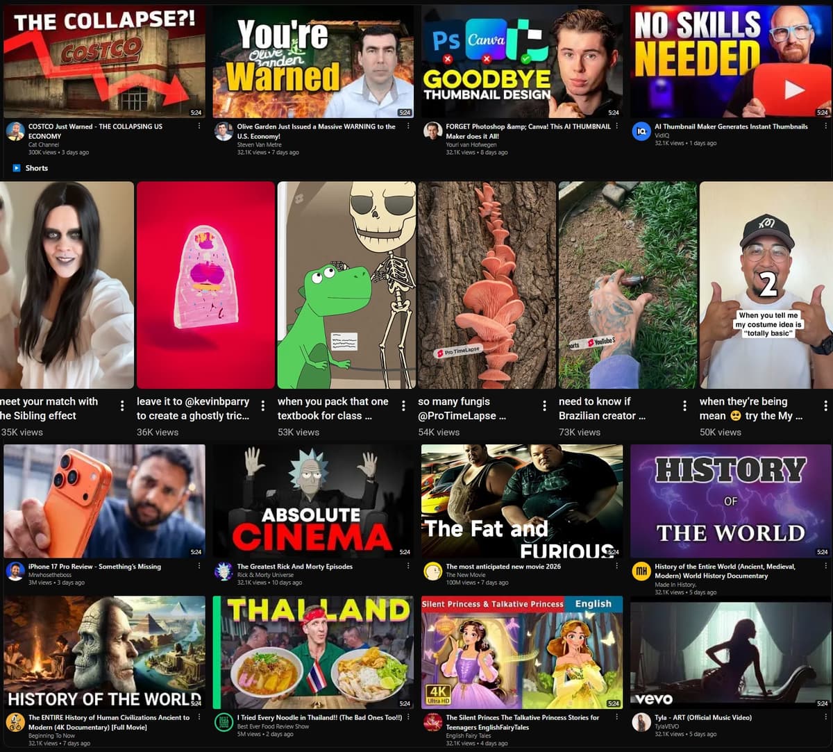 Simulated YouTube home feed preview with the uploaded thumbnail mixed among real videos