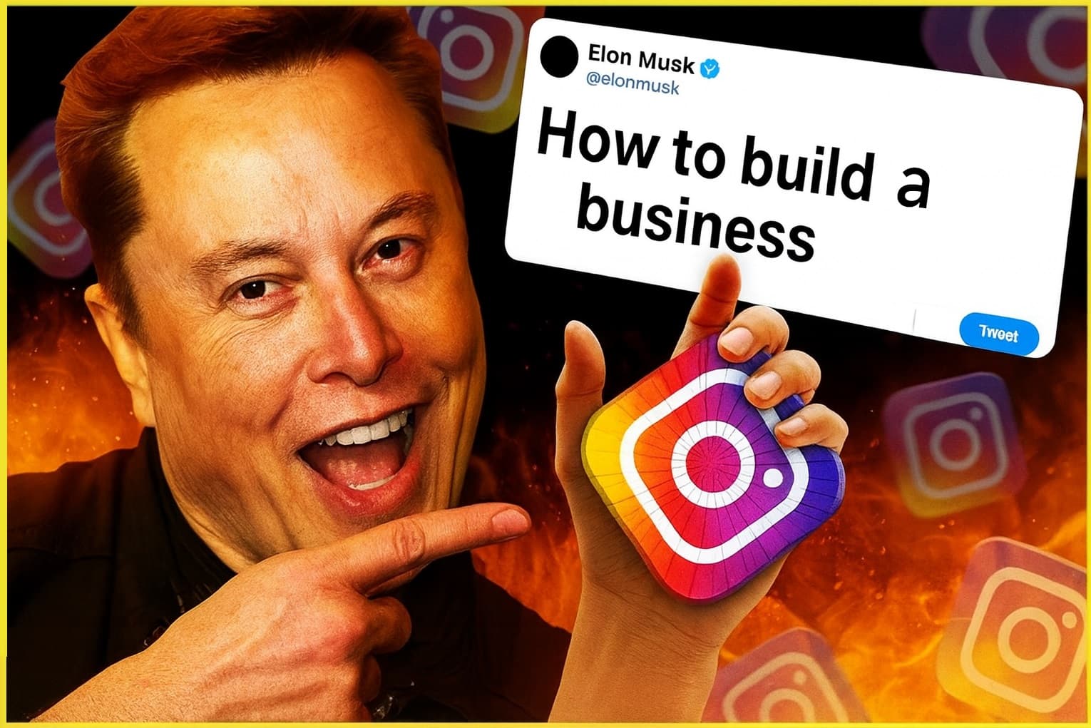 Click-heavy business thumbnail with celebrity face and saturated colors